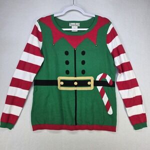 Nouveaux Elf Christmas Sweater w/ Jingle Bells Adult Medium 100% Cotton